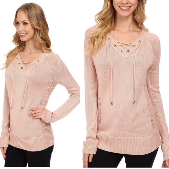 Calvin Klein Lace-Up V-Neck Knit Sweater Blush Pink Size 2X - Picture 2 of 6